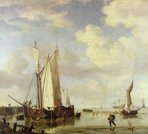 Nederlandse schepen aan de kust en mannen die baden, 1661